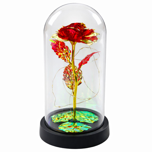 Wieczna Kryształowa Róża w Kopule z Oświetleniem LED Czerwona 21x11cm