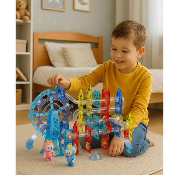 Klocki Magnetyczne Przestrzenne Tor Kulkowy Ludziki Świecący 120 el.