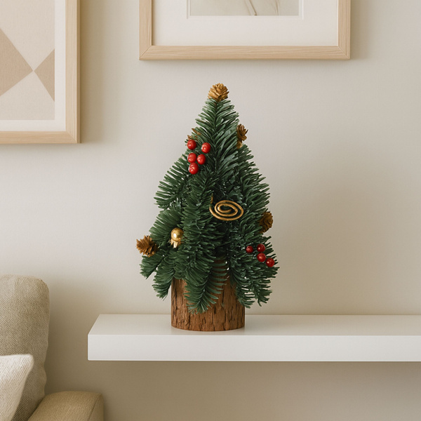  Choinka Ozdobna Dekoracyjna Na Pniu Czerwona Jarzębina Szyszki 38 x 15 cm