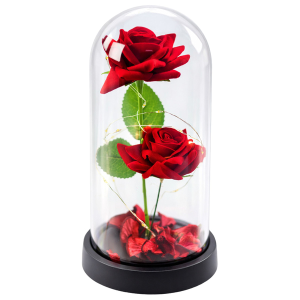 Wieczne 2 Róże w Kopule z Oświetleniem LED i Płatkami Róż Czerwone 21x11cm 