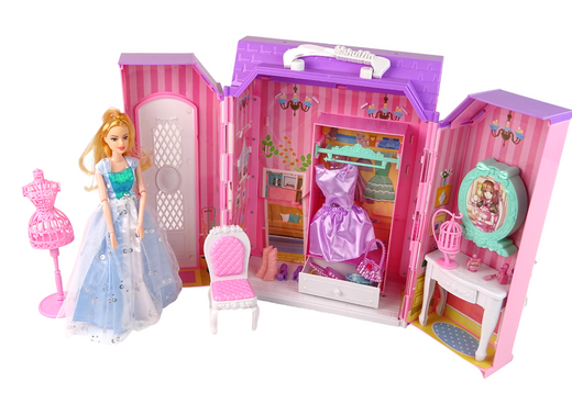 Domek dla Lalek Garderoba Szafa Lusterko na Baterie w Walizce 