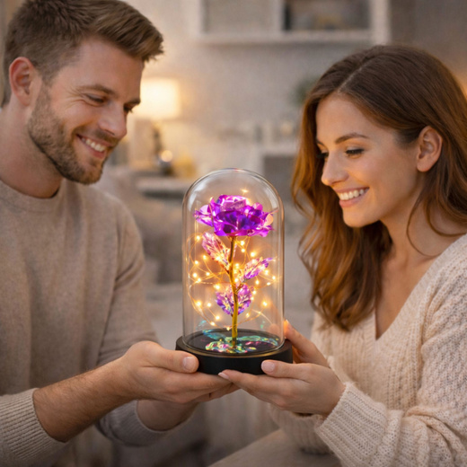  Wieczna Kryształowa Róża w Kopule z Oświetleniem LED Różowa 21x11cm 