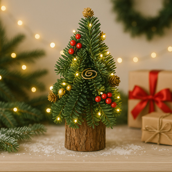  Choinka Ozdobna Dekoracyjna Na Pniu Czerwona Jarzębina Szyszki 38 x 15 cm