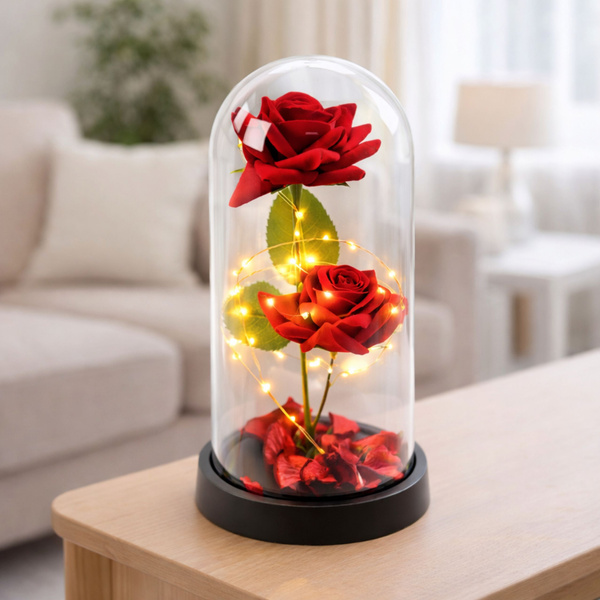 Wieczne 2 Róże w Kopule z Oświetleniem LED i Płatkami Róż Czerwone 21x11cm 