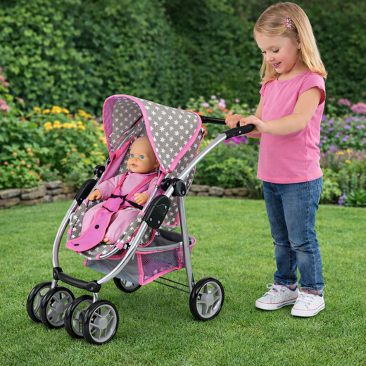 Wózek Dla Lalek Spacerówka 2 w 1 Gondola Torba Różowy Gwiazdki