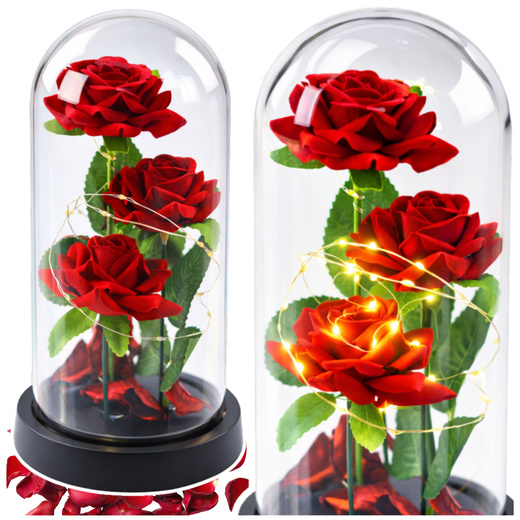 Wieczne 3 Róże w Kopule z Oświetleniem LED i Płatkami Róż Czerwone 21x11cm
