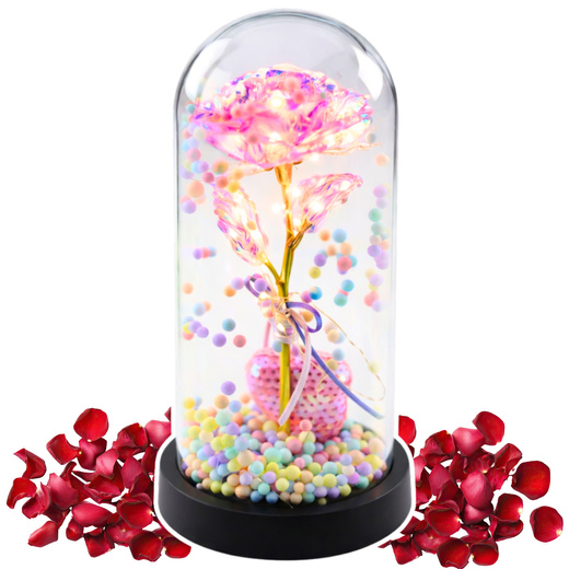 Wieczna Róża w Kopule z Oświetleniem LED Różowa z Serduszkiem i Kuleczkami 