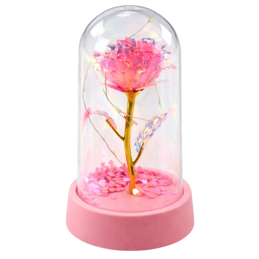 Wieczna Róża Kryształowa w Kopule z Oświetleniem LED Różowa 14x8cm