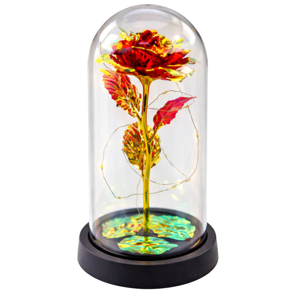 Wieczna Róża W Kopule Kryształowa Oświetlenie LED Czerwona 21x11cm  