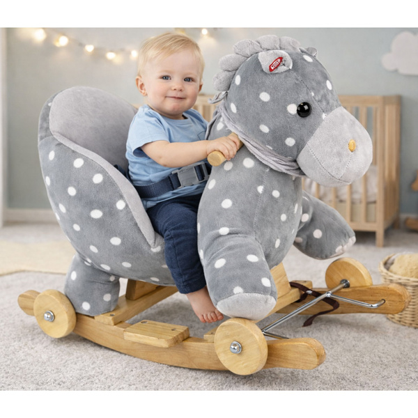 Koń Na Biegunach Jeździk 2w1  Konik Dla Malucha Szary w Kropki