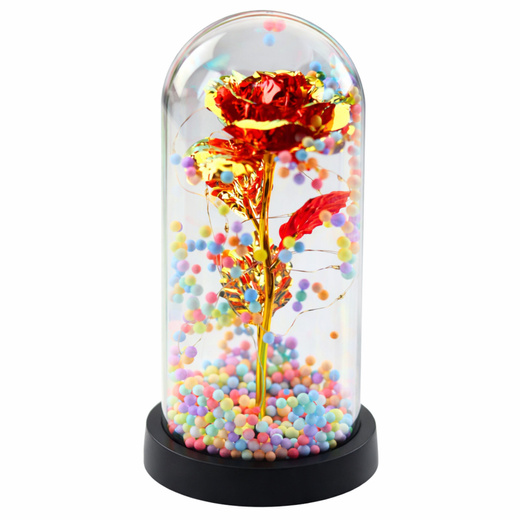 Wieczna Róża W Kopule Kryształowa Oświetlenie LED Kuleczki Czerwona 21x11cm