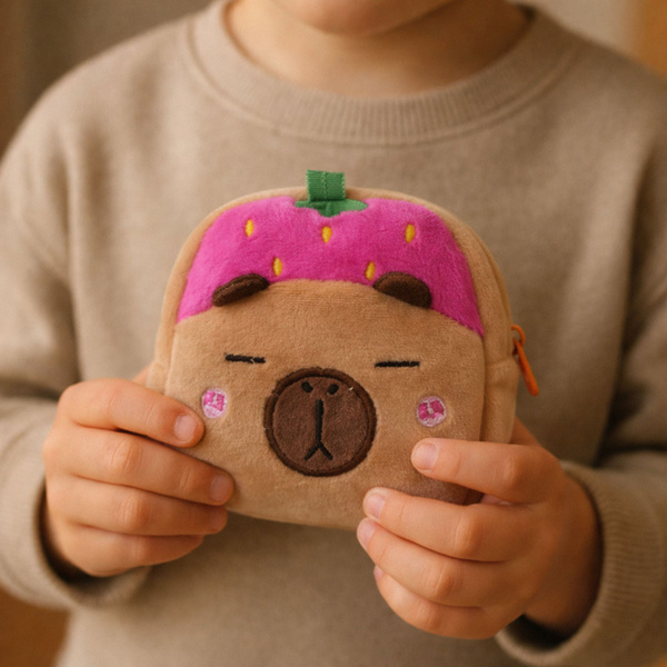 Portfelik Pluszowy Z Brelokiem Kapibara Truskawka Różowa 9,5 x 8 cm 