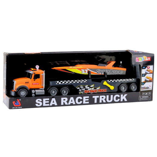 Zestaw Ciężarówka z Nakręcaną Motorówką Światła Dźwięki Pomarańczowa