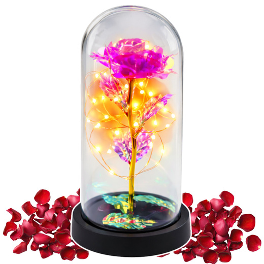  Wieczna Kryształowa Róża w Kopule z Oświetleniem LED Różowa 21x11cm 