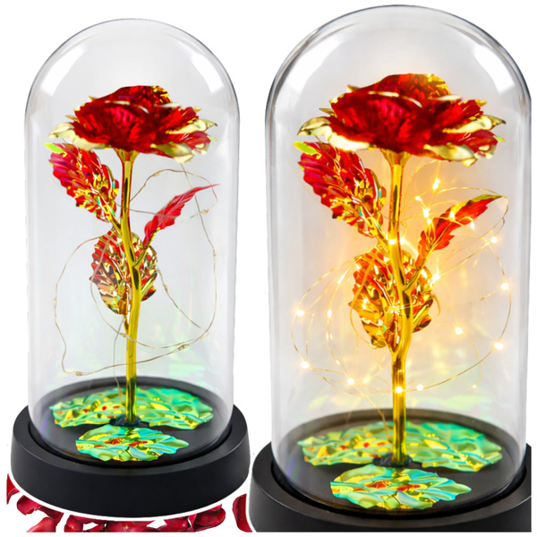 Wieczna Kryształowa Róża w Kopule z Oświetleniem LED Czerwona 21x11cm