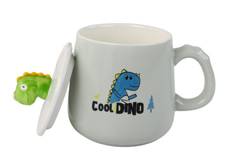 Kubek Ceramiczny Dinozaur Niebieski Przykrywka Łyżeczka 350ml