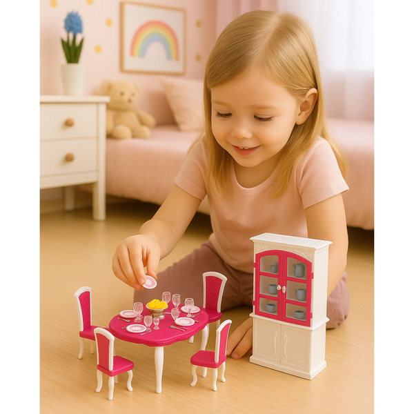 Zestaw Jadalnia Dla Lalek Stół Krzesła Kredens Zastawa 