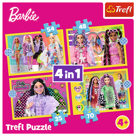 Puzzle - 4w1 (35, 48, 54, 70) - Wesoły świat Barbie - Trefl 34626