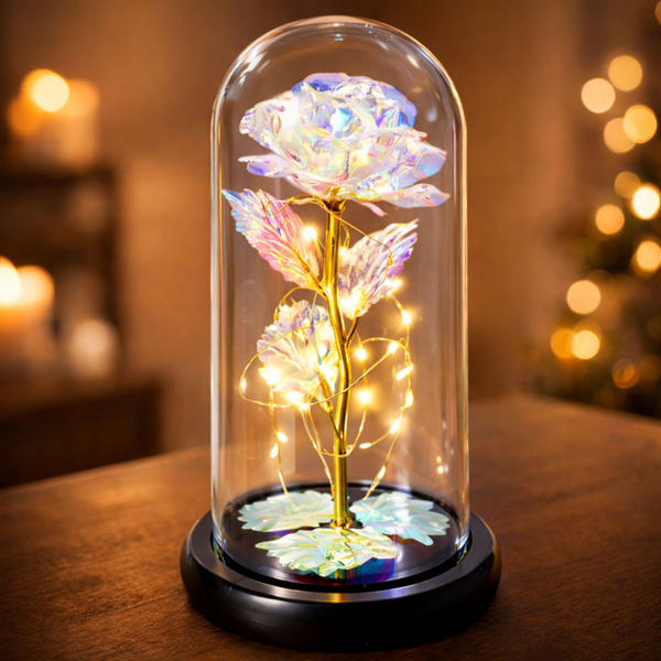 Wieczna Róża W Kopule Kryształowa Kolorowa Oświetlenie LED 21x11cm 