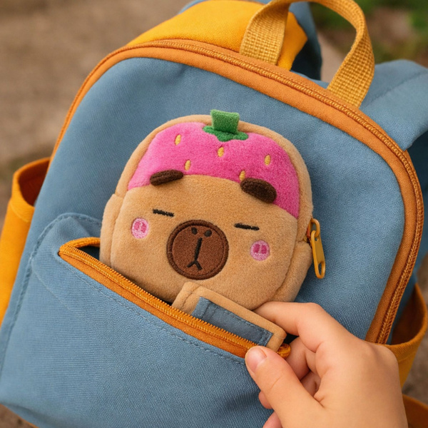 Portfelik Pluszowy Z Brelokiem Kapibara Truskawka Różowa 9,5 x 8 cm 