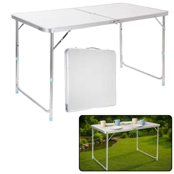 Stół Turystyczny Kempingowy Składany Regulowany Aluminiowy Biały 120x60cm 