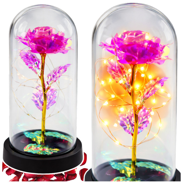  Wieczna Kryształowa Róża w Kopule z Oświetleniem LED Różowa 21x11cm 