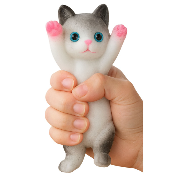 Gniotek Sensoryczny Miękki Kotek Leżący Sierść Biało-Szary 13 x 6,5 cm 