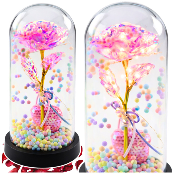 Wieczna Róża w Kopule z Oświetleniem LED Różowa z Serduszkiem i Kuleczkami 