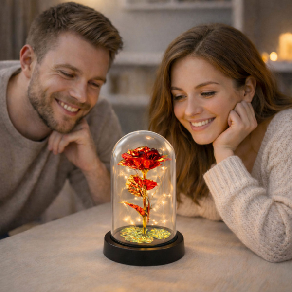 Wieczna Róża W Szle Kryształowa Oświetlenie LED Motylek Czerwona 21x11cm  