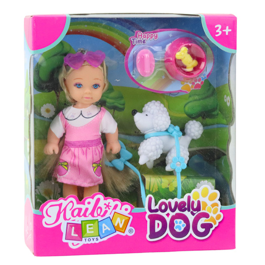 Zestaw Mini Laleczka Z Pieskiem Na Smyczy Miska Z Kością 