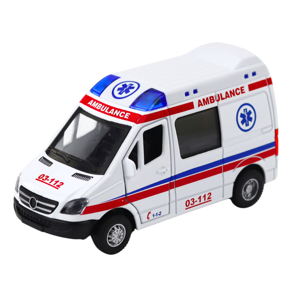 Karetka Ambulans Metalowy Z Napędem Pull Back Światła Dźwięki Biały 1:32