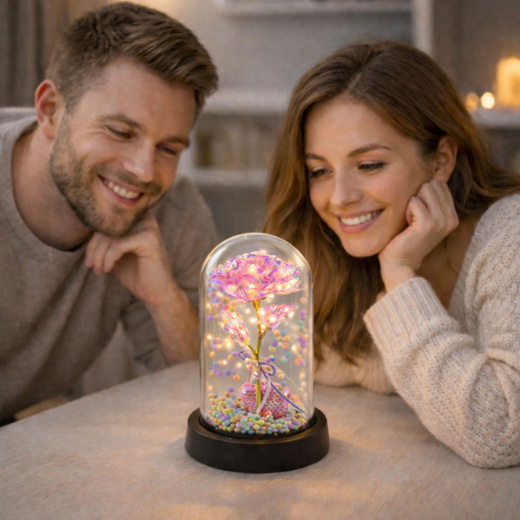 Wieczna Róża w Kopule z Oświetleniem LED Różowa z Serduszkiem i Kuleczkami 