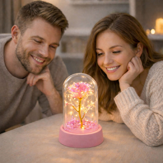 Wieczna Róża Kryształowa w Kopule z Oświetleniem LED Różowa 14x8cm