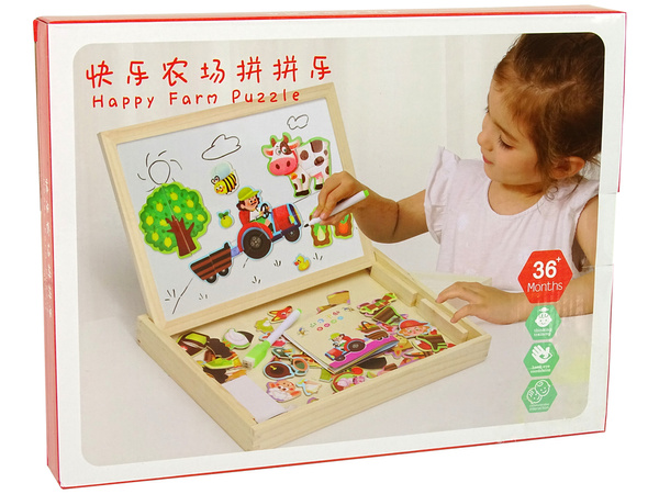 Tablica Drewniana 2 w 1 Kredowa Magnetyczna Puzzle Zestaw Zwierzęta Farma 