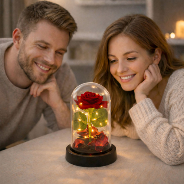 Wieczna Róża w Kopule z Oświetleniem LED Czerwona z Płatkami Róż 14x8cm