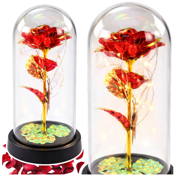 Wieczna Róża W Szle Kryształowa Oświetlenie LED Motylek Czerwona 21x11cm  