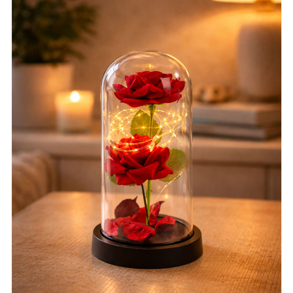 Wieczne 2 Róże w Kopule z Oświetleniem LED i Płatkami Róż Czerwone 21x11cm 