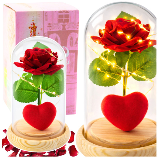 Wieczna Róża w Kopule z Oświetleniem LED Czerwona z Serduszkiem 14x8cm