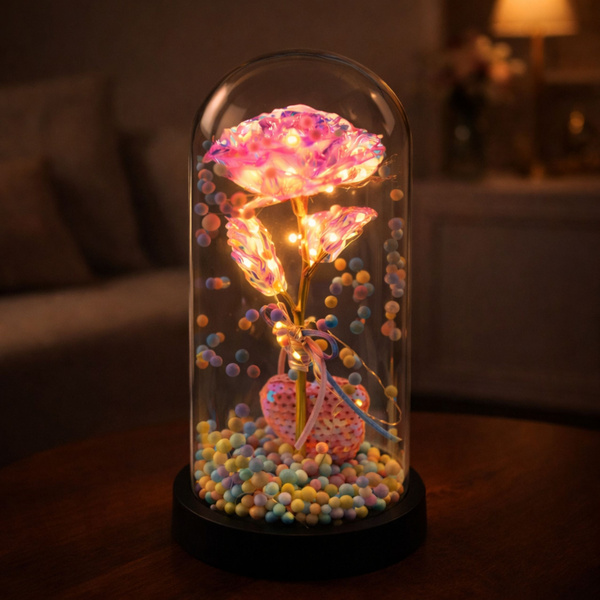 Wieczna Róża w Kopule z Oświetleniem LED Różowa z Serduszkiem i Kuleczkami 