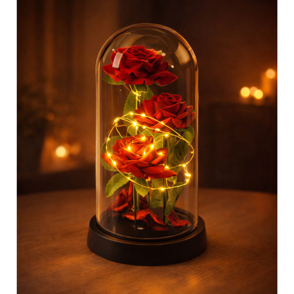 Wieczne 3 Róże w Kopule z Oświetleniem LED i Płatkami Róż Czerwone 21x11cm