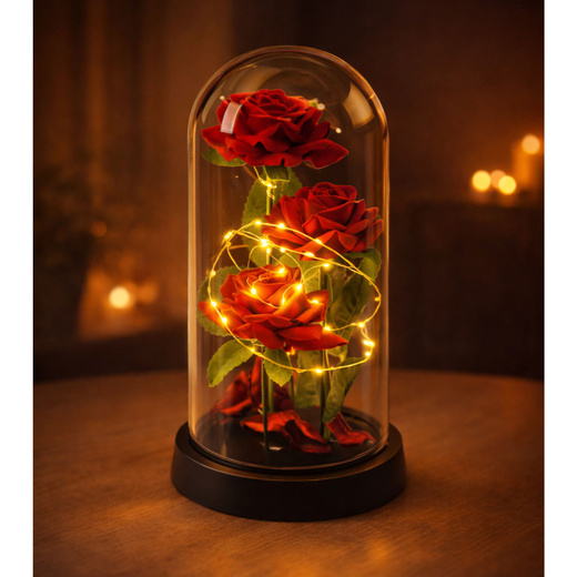 Wieczne 3 Róże w Kopule z Oświetleniem LED i Płatkami Róż Czerwone 21x11cm