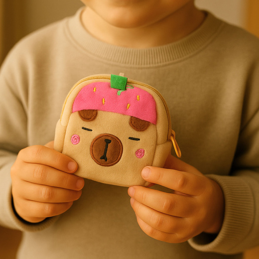 Portfelik Pluszowy Z Brelokiem Kapibara Truskawka Różowa 9,5 x 8 cm 