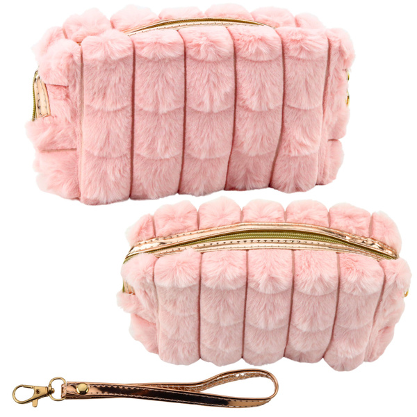 Kosmetyczka Pluszowa Z Uchwytem Pojemna Różowa 20cm 