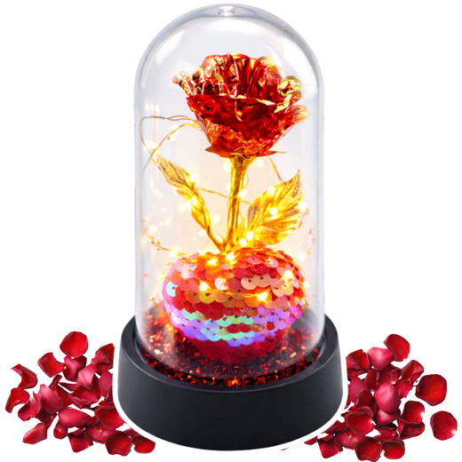 Wieczna Róża Kryształowa w Kopule z Oświetleniem LED z Serduszkiem 14x8cm