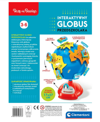 Interaktywny Globus Przedszkolaka Uczę się Bawiąc Język Polski Clementoni 50757