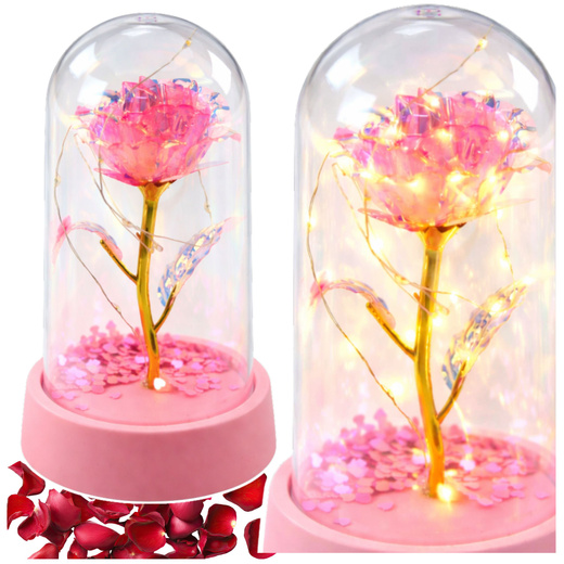 Wieczna Róża Kryształowa w Kopule z Oświetleniem LED Różowa 14x8cm