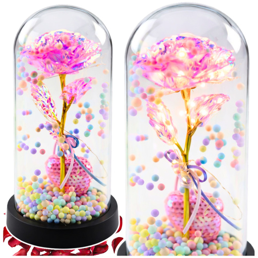 Wieczna Róża w Kopule z Oświetleniem LED Różowa z Serduszkiem i Kuleczkami 