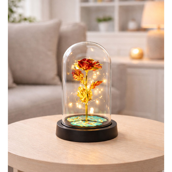 Wieczna Kryształowa Róża w Kopule z Oświetleniem LED Czerwona 21x11cm