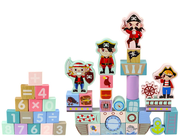 Drewniane Klocki Zamek Piraci Okręt 46 Elementów Puzzle Liczby 