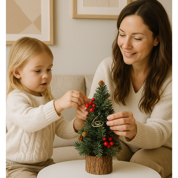  Choinka Ozdobna Dekoracyjna Na Pniu Czerwona Jarzębina Szyszki 38 x 15 cm